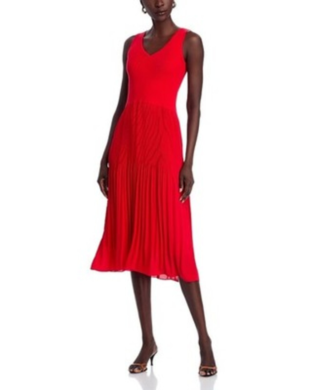 T Tahari Ribbed Pleated Sleeveless Fit & Flare Dress Women's M Apple Red V-Neck